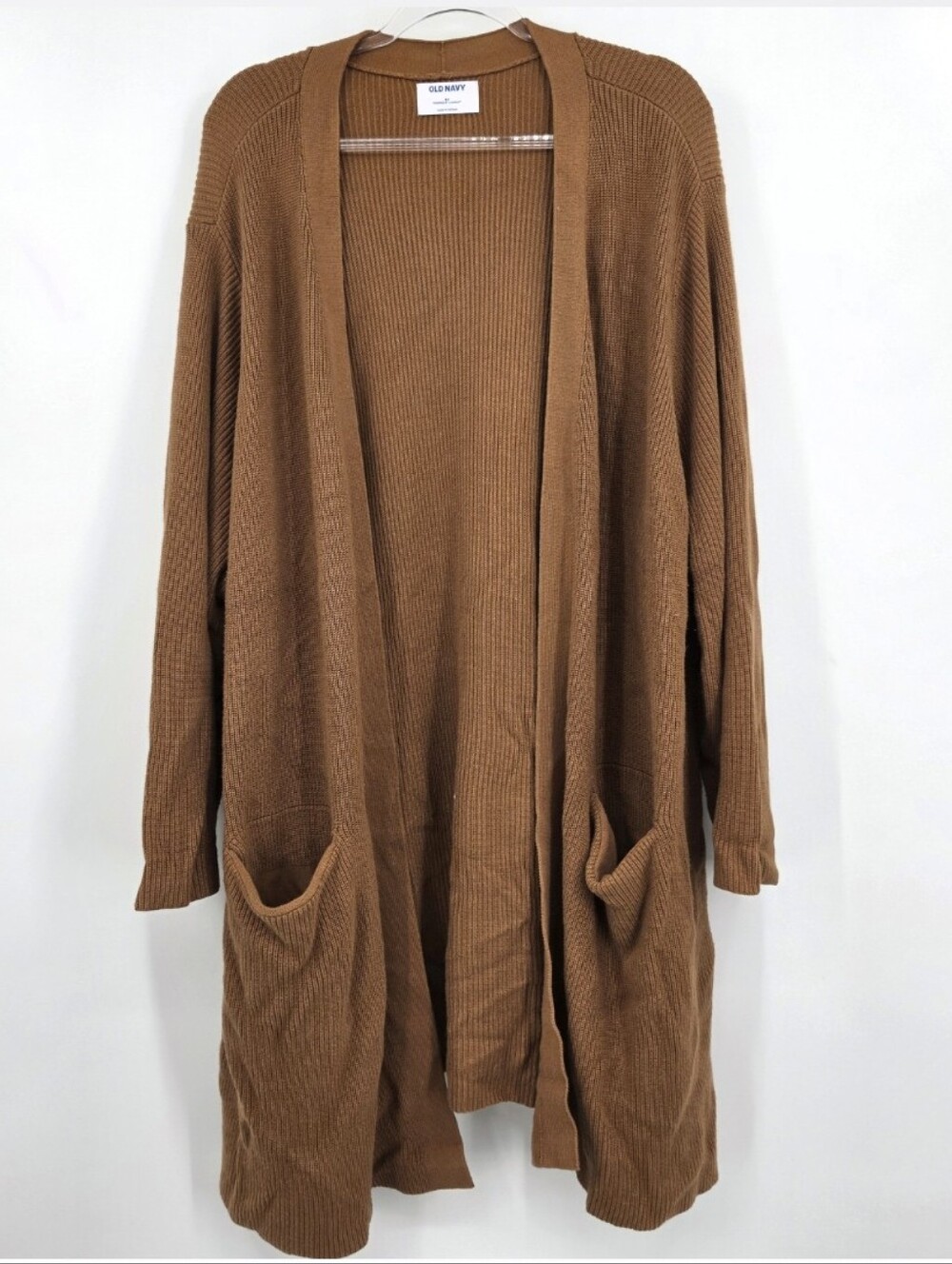 Old Navy Open Front Cardigan Knit Longline 4X Rich Brown Pockets Ribbed